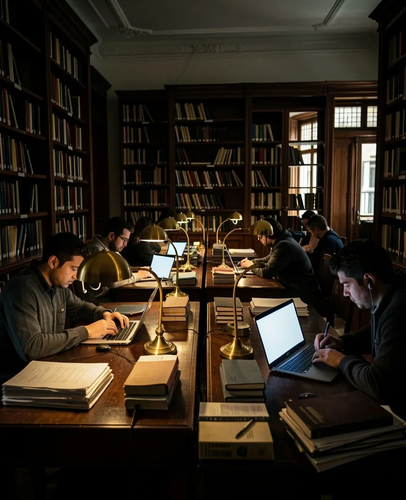 Sala de lectura universitaria con estudiantes consultando archivos