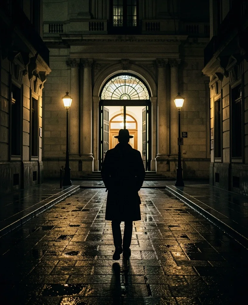 Periodista de investigación caminando hacia un edificio público en Buenos Aires