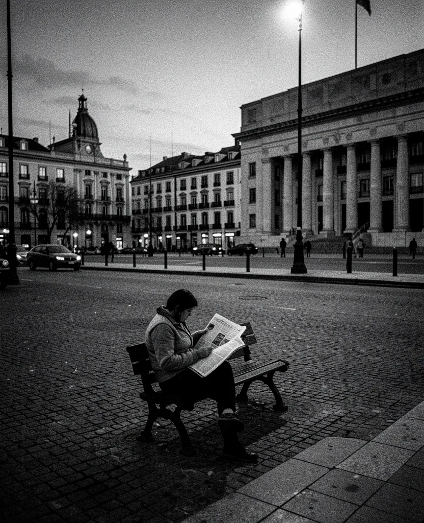Lector en Plaza de Mayo al atardecer
