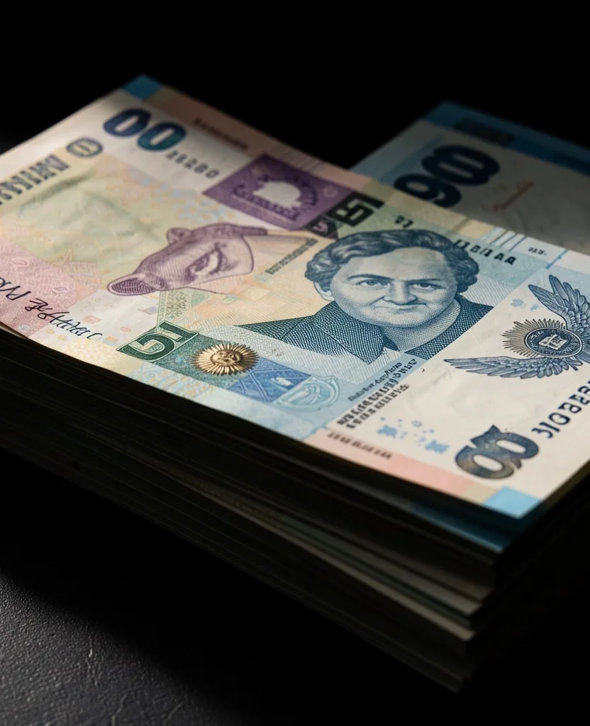 Billetes de pesos argentinos sobre superficie oscura