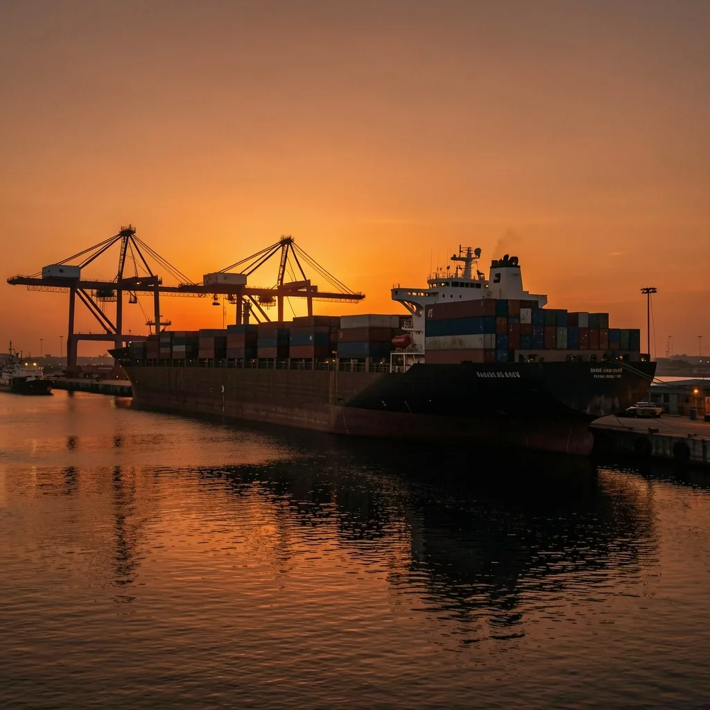 Buque de carga y puerto marítimo al atardecer