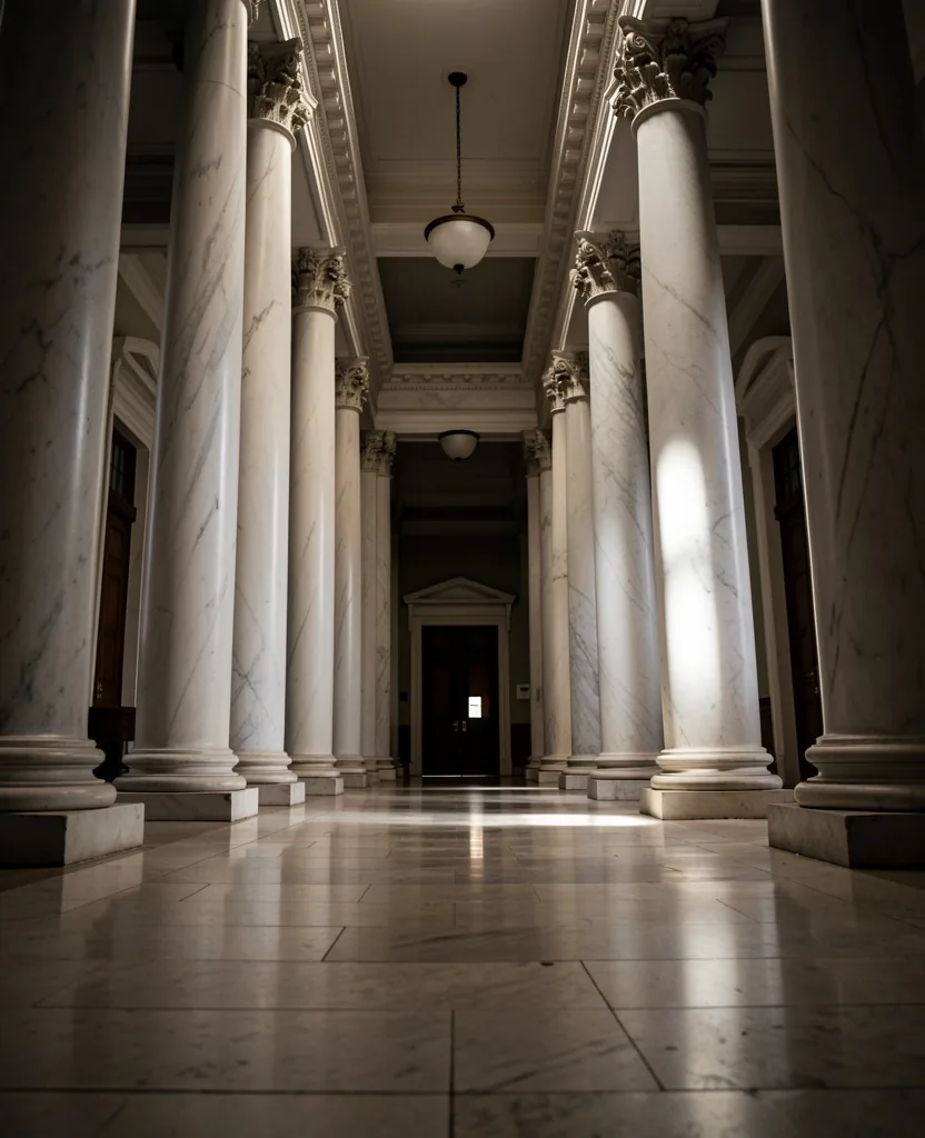 Interior de un tribunal argentino con columnas de mármol