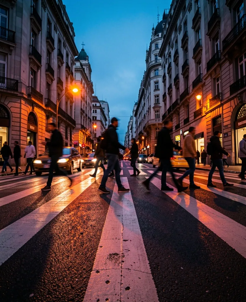Avenida de Buenos Aires al atardecer con peatones y luces de la ciudad