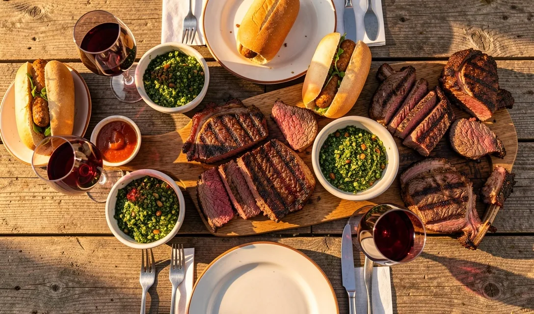 Mesa de asado argentino con chimichurri y vino