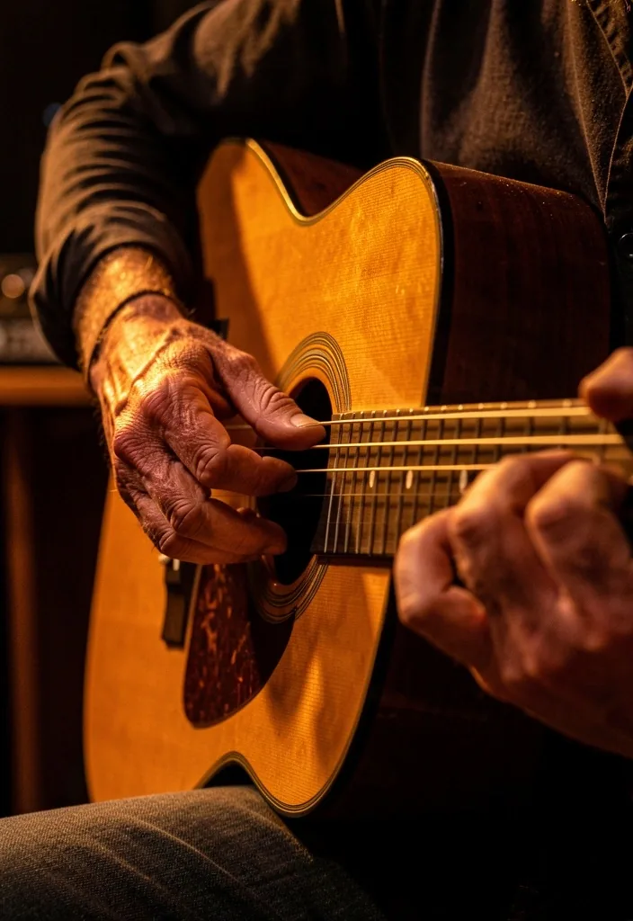 Músico argentino tocando guitarra acústica en estudio