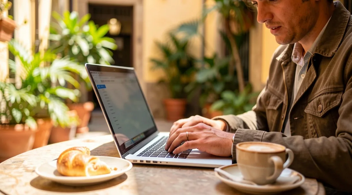 Persona joven trabajando de forma nómada digital en un café de Buenos Aires