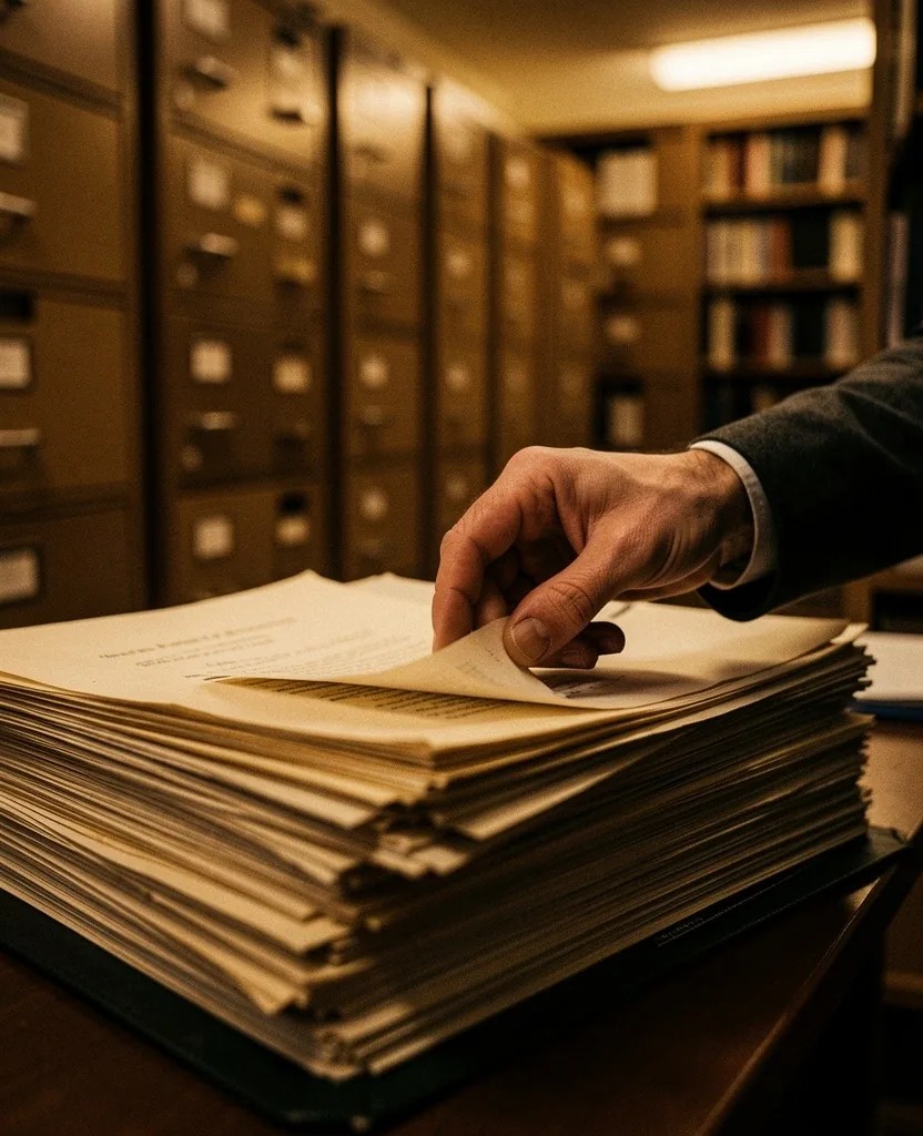 Escritorio de periodista con documentos de investigación